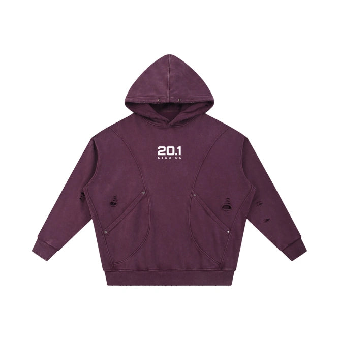 Snow Washed Distressed Panel Pocket Hoodie | Plum Purple