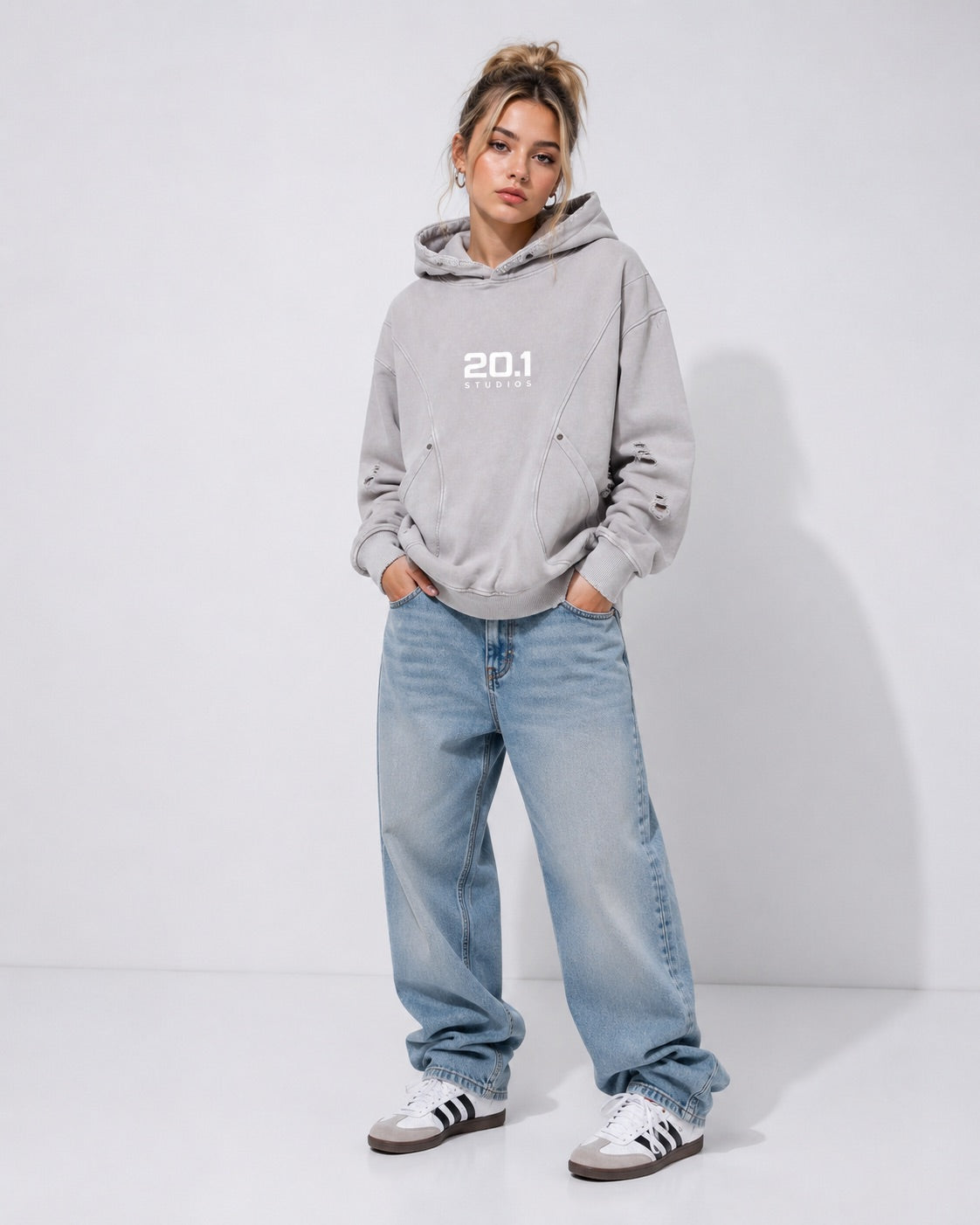 Snow Washed Distressed Panel Pocket Hoodie | Light Gray