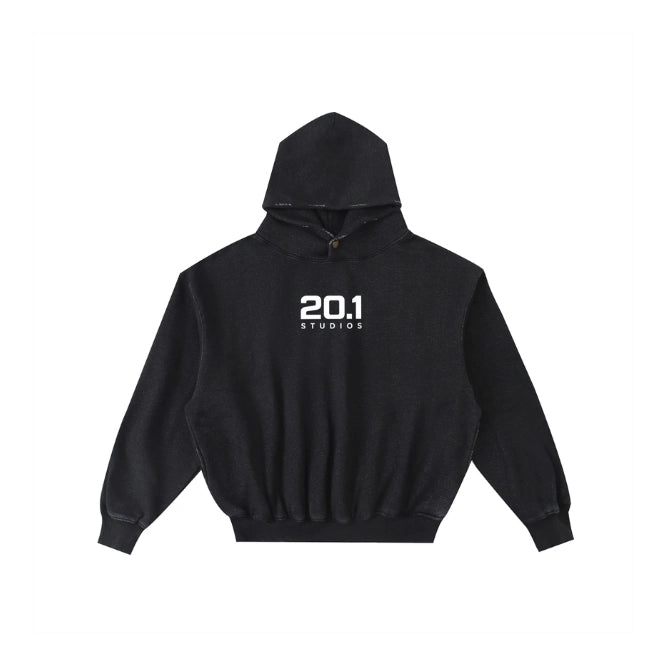 Frayed Enzyme Washed Fleece Hoodie | Black