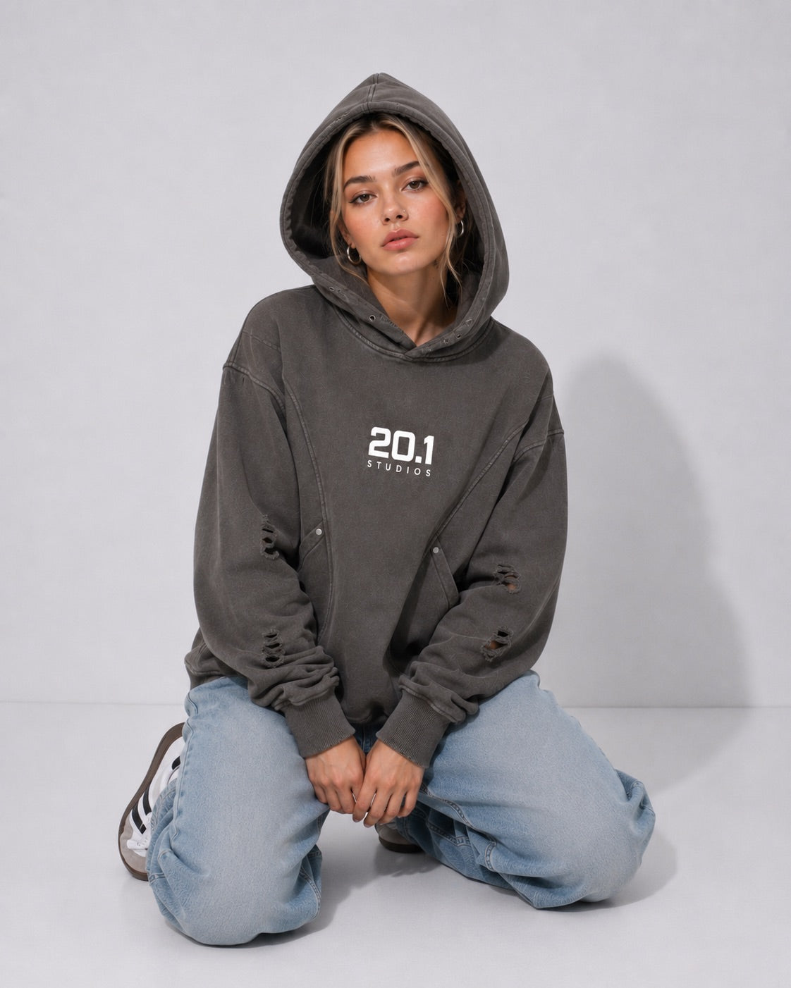 Snow Washed Distressed Panel Pocket Hoodie | Coffee