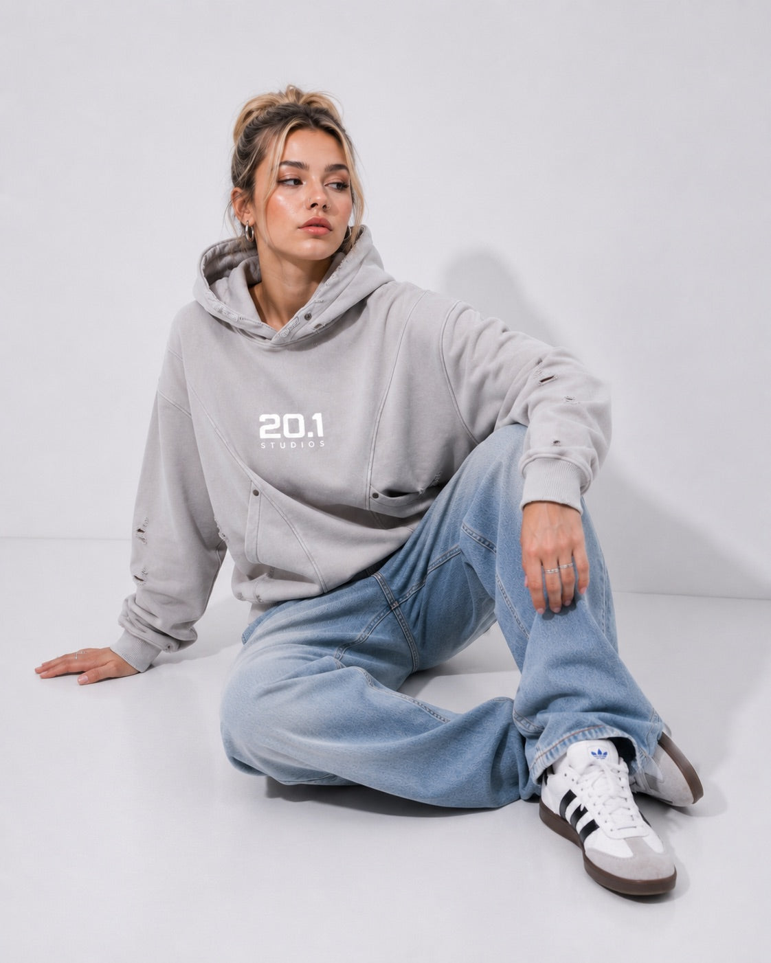 Snow Washed Distressed Panel Pocket Hoodie | Light Gray