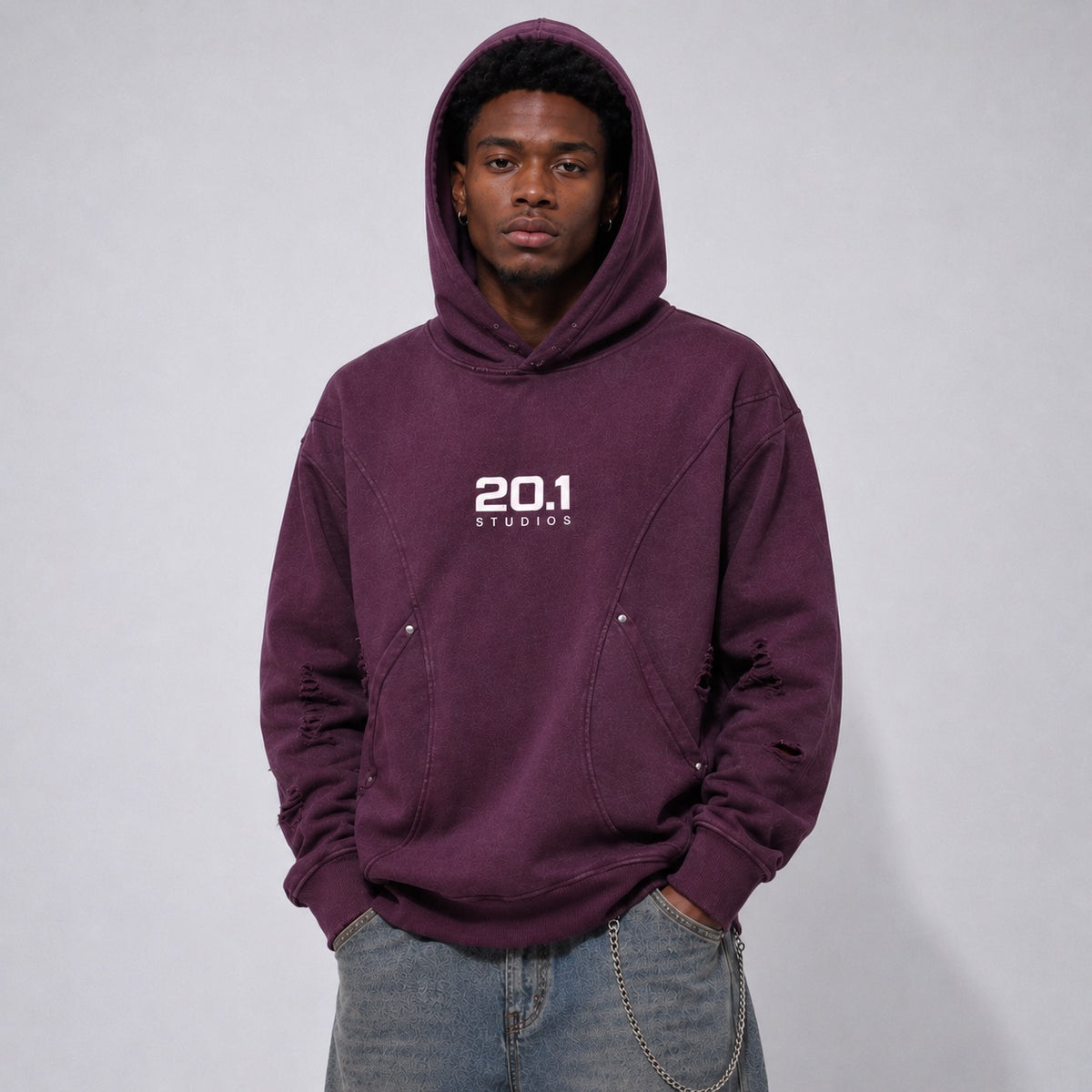 Snow Washed Distressed Panel Pocket Hoodie | Plum Purple