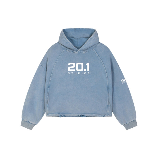 Vintage Washed Frayed-Hem Hoodie | Blue