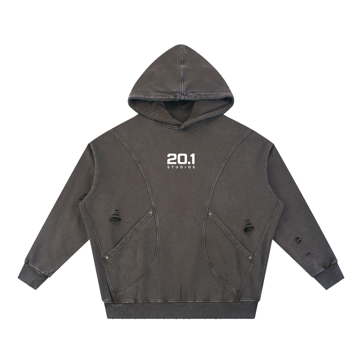 Snow Washed Distressed Panel Pocket Hoodie | Coffee
