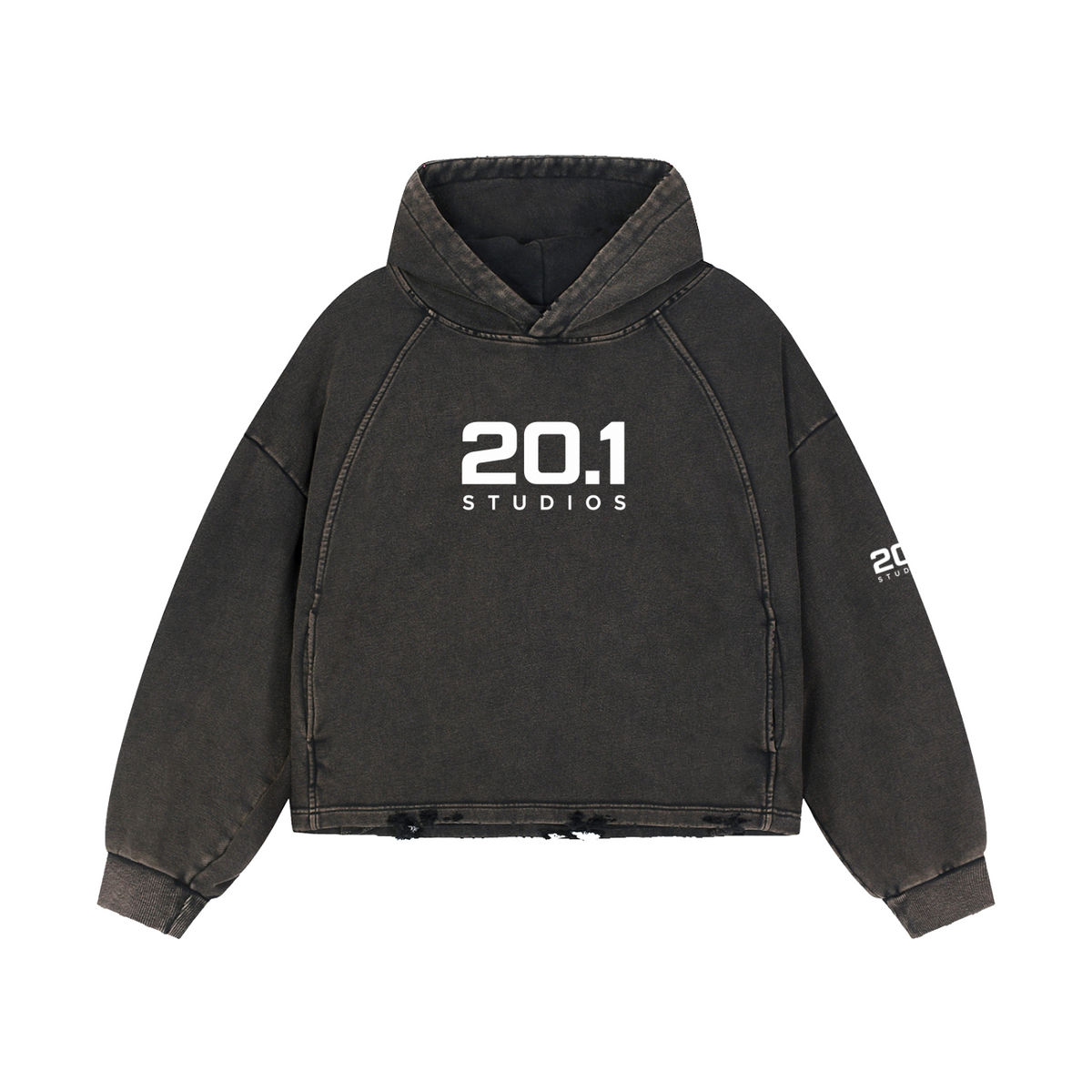Vintage Washed Frayed-Hem Hoodie | Black