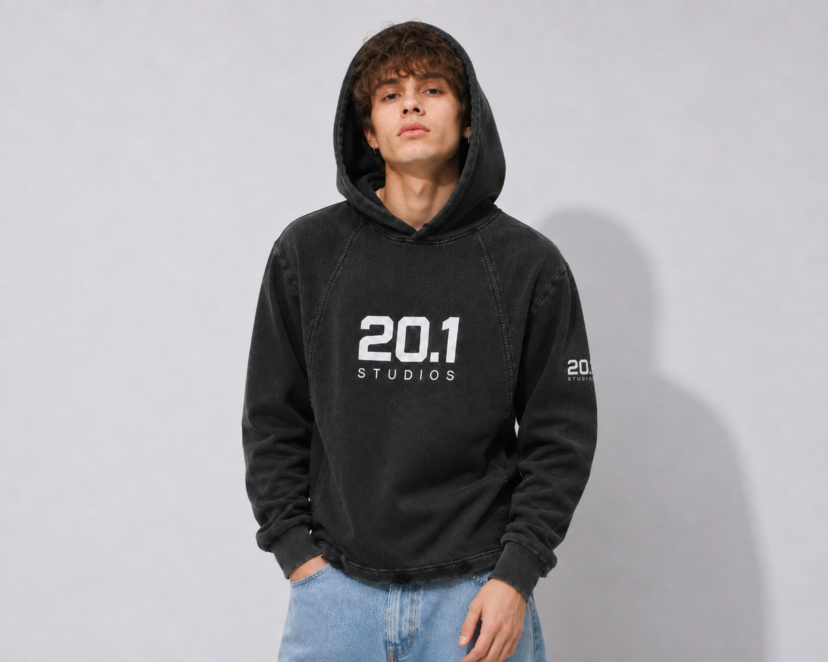 Vintage Washed Frayed-Hem Hoodie | Black