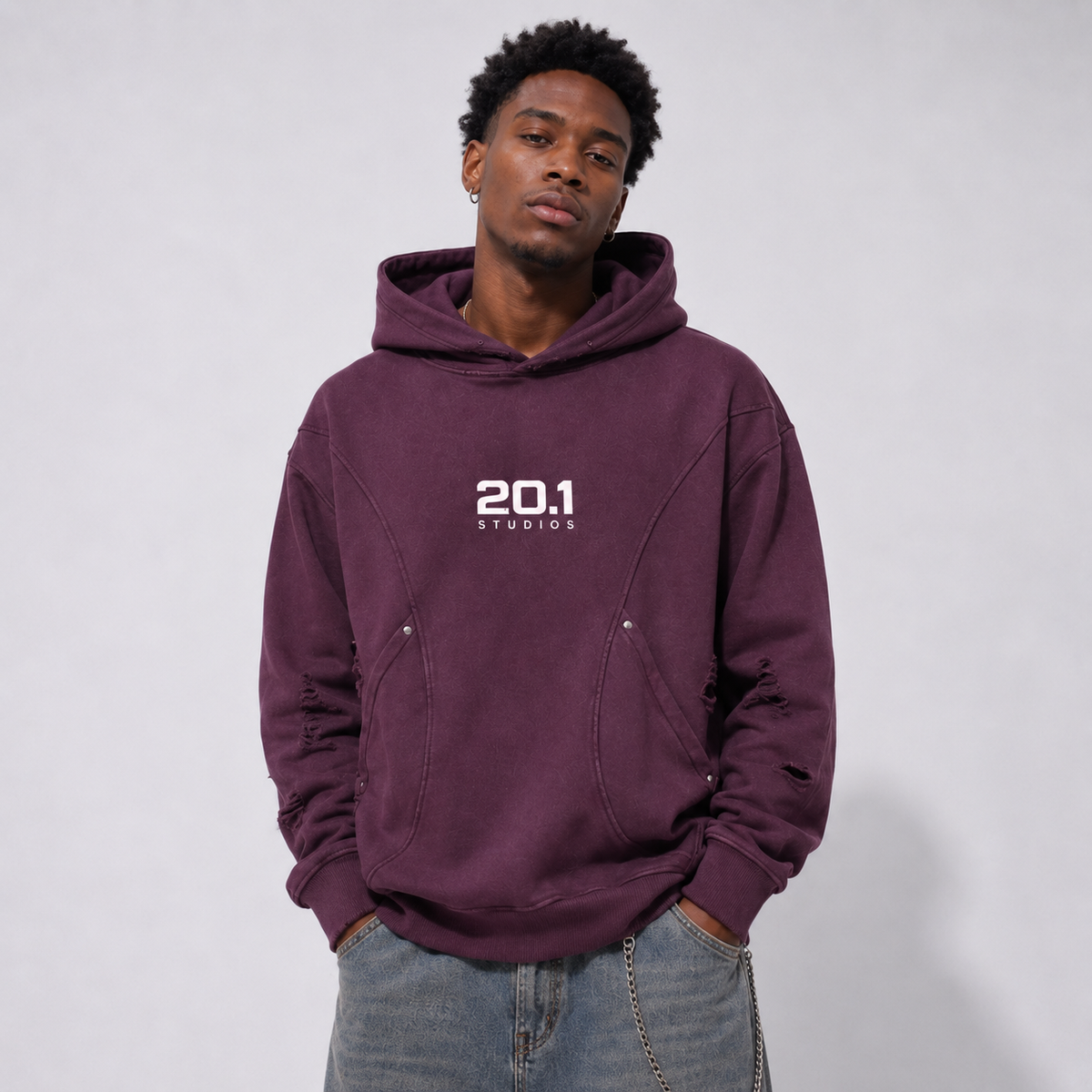 Snow Washed Distressed Panel Pocket Hoodie | Plum Purple