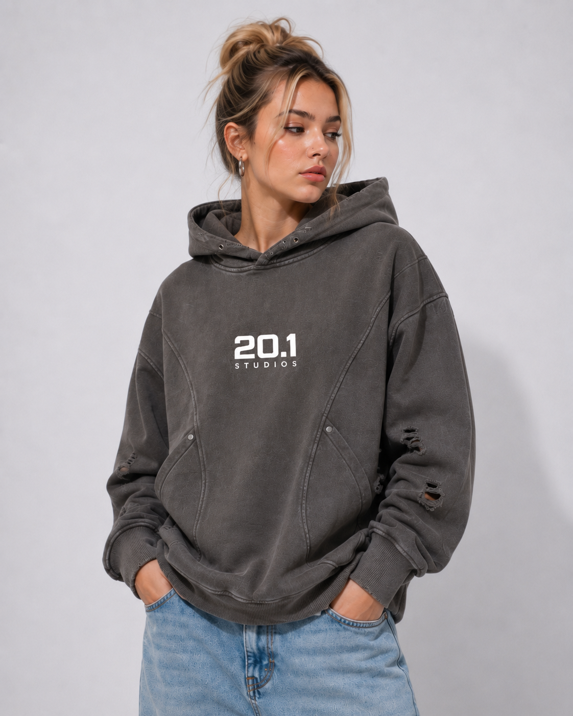 Snow Washed Distressed Panel Pocket Hoodie | Coffee