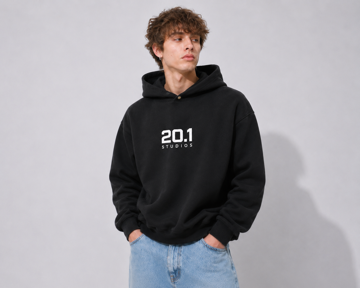 Frayed Enzyme Washed Fleece Hoodie | Black