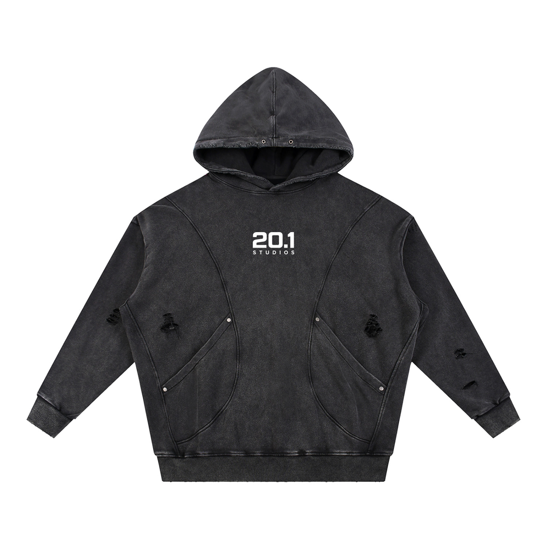 Snow Washed Distressed Panel Pocket Hoodie | Black