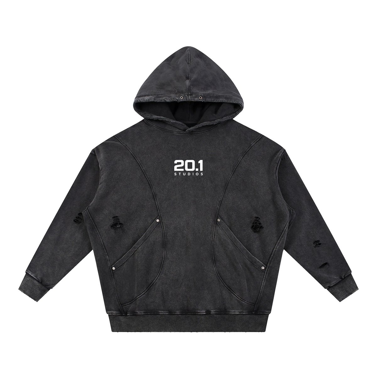 Snow Washed Distressed Panel Pocket Hoodie | Black