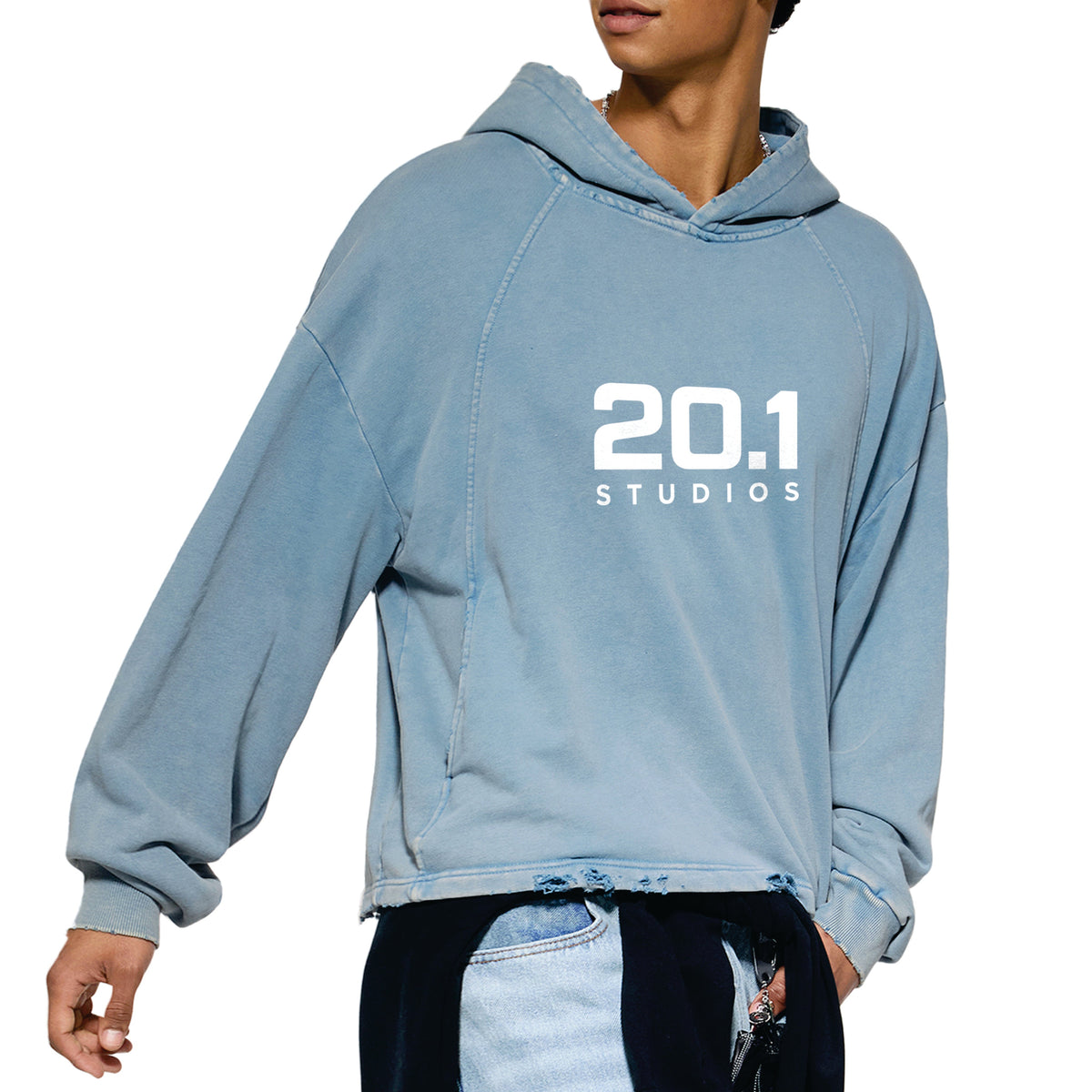 Vintage Washed Frayed-Hem Hoodie | Blue