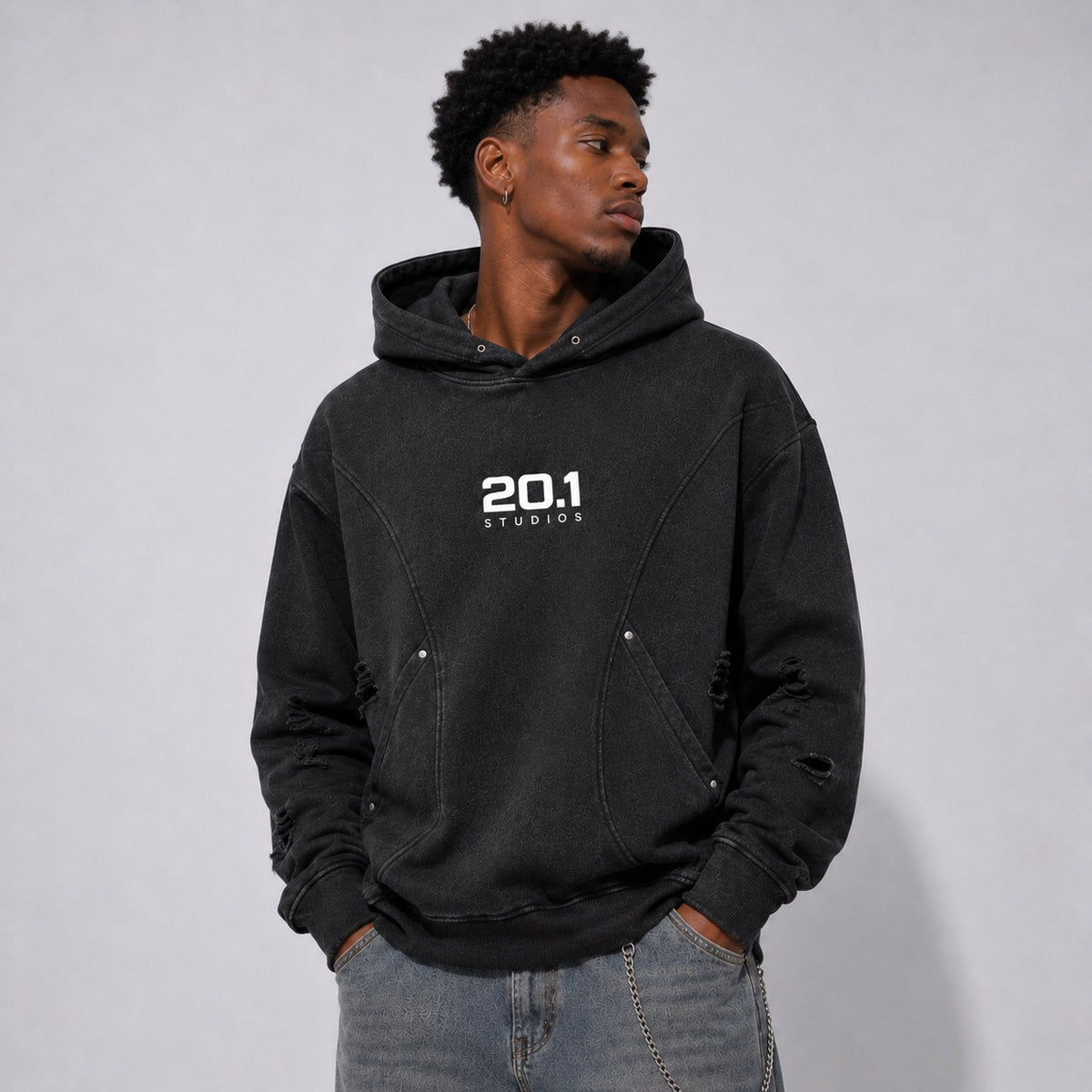 Snow Washed Distressed Panel Pocket Hoodie | Black