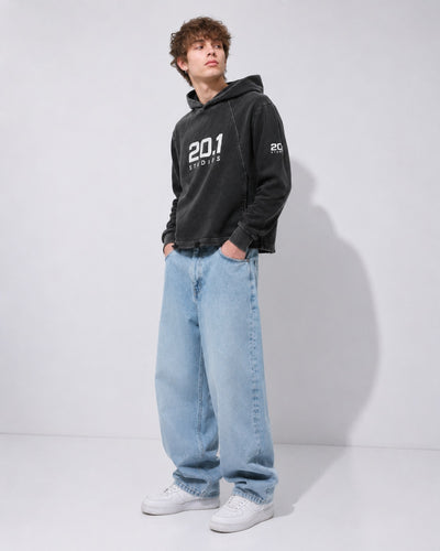 Vintage Washed Frayed-Hem Hoodie | Black