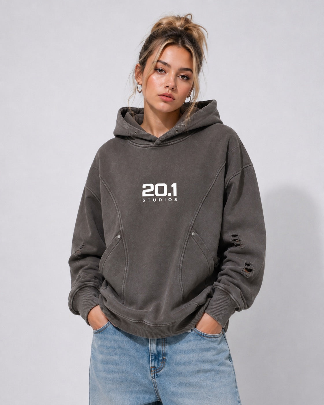 Snow Washed Distressed Panel Pocket Hoodie | Coffee