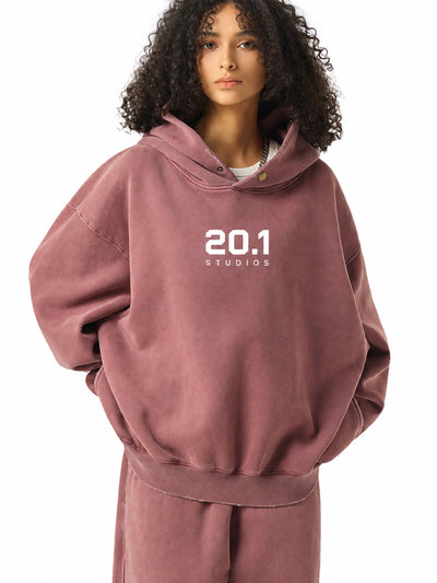 Frayed Enzyme Washed Fleece Hoodie | Red