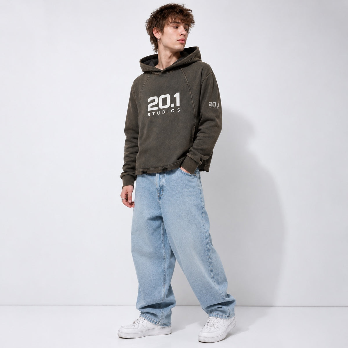 Vintage Washed Frayed-Hem Hoodie | Olive Gray