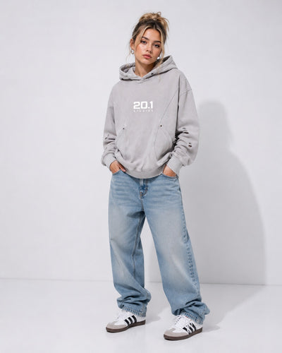 Snow Washed Distressed Panel Pocket Hoodie | Light Gray