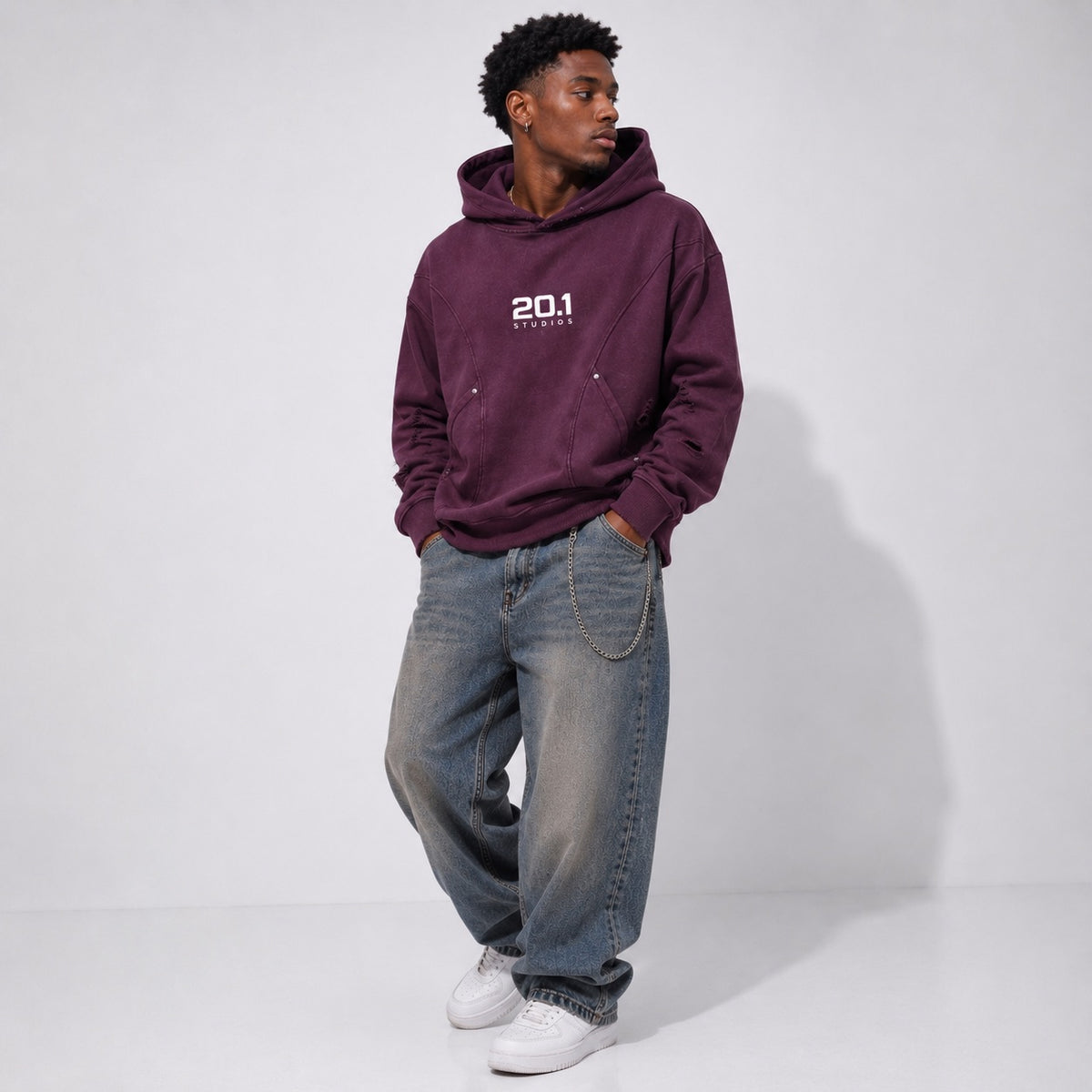 Snow Washed Distressed Panel Pocket Hoodie | Plum Purple