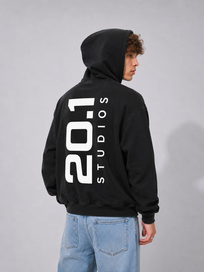 Frayed Enzyme Washed Fleece Hoodie | Black