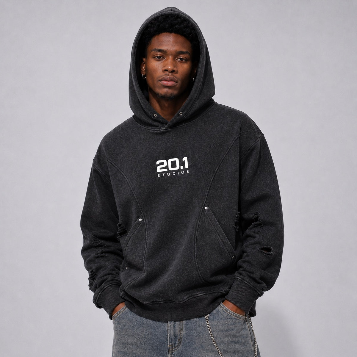 Snow Washed Distressed Panel Pocket Hoodie | Black