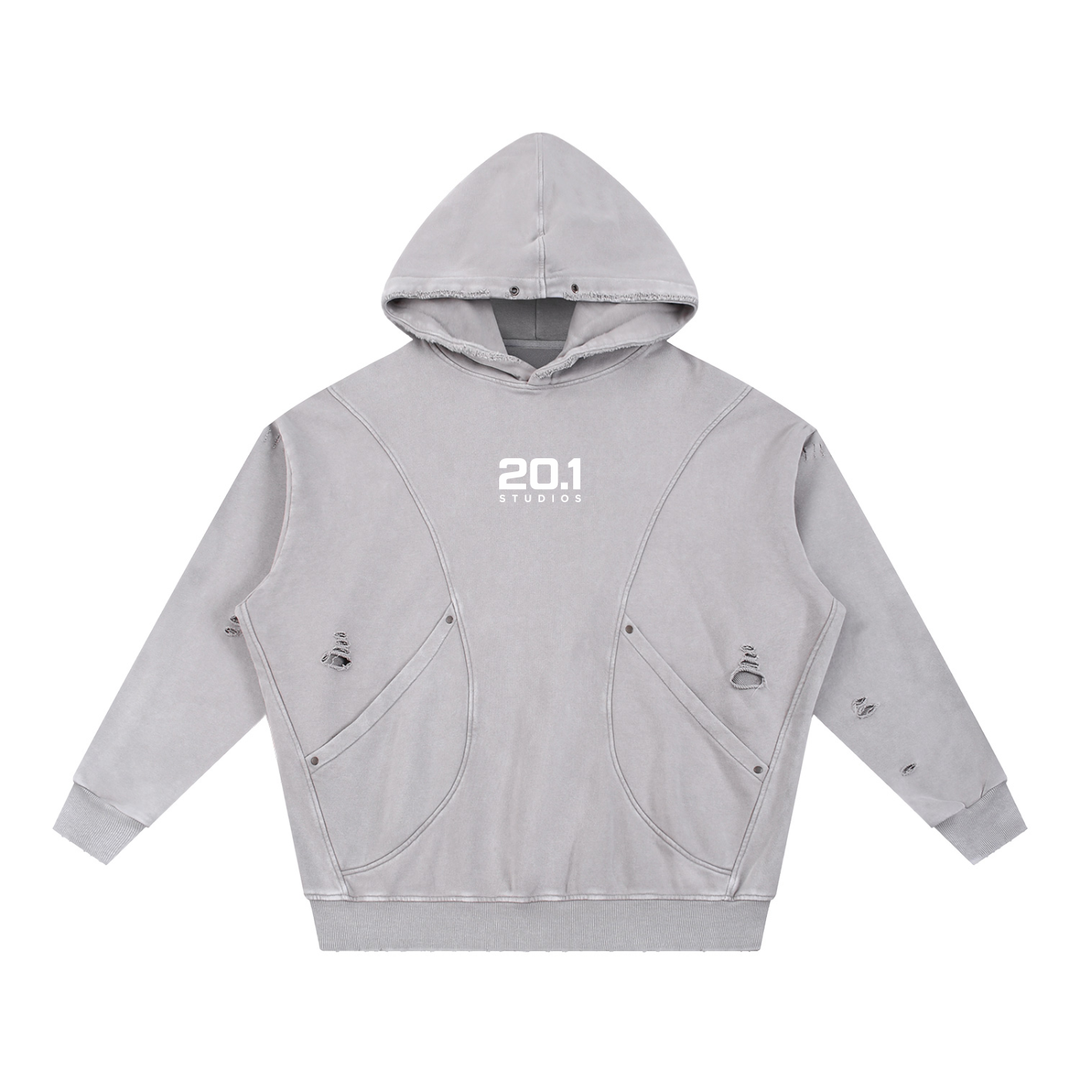 Snow Washed Distressed Panel Pocket Hoodie | Light Gray