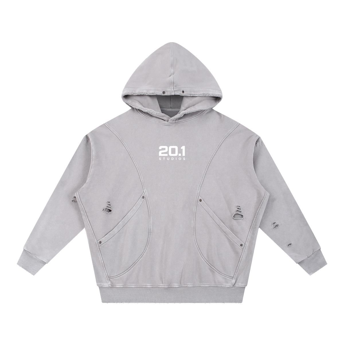 Snow Washed Distressed Panel Pocket Hoodie | Light Gray