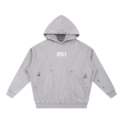 Snow Washed Distressed Panel Pocket Hoodie | Light Gray