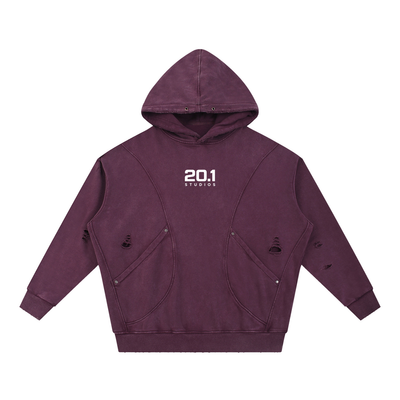 Snow Washed Distressed Panel Pocket Hoodie | Plum Purple