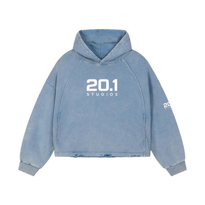 Vintage Washed Frayed-Hem Hoodie | Blue