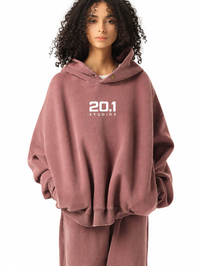 Frayed Enzyme Washed Fleece Hoodie | Red