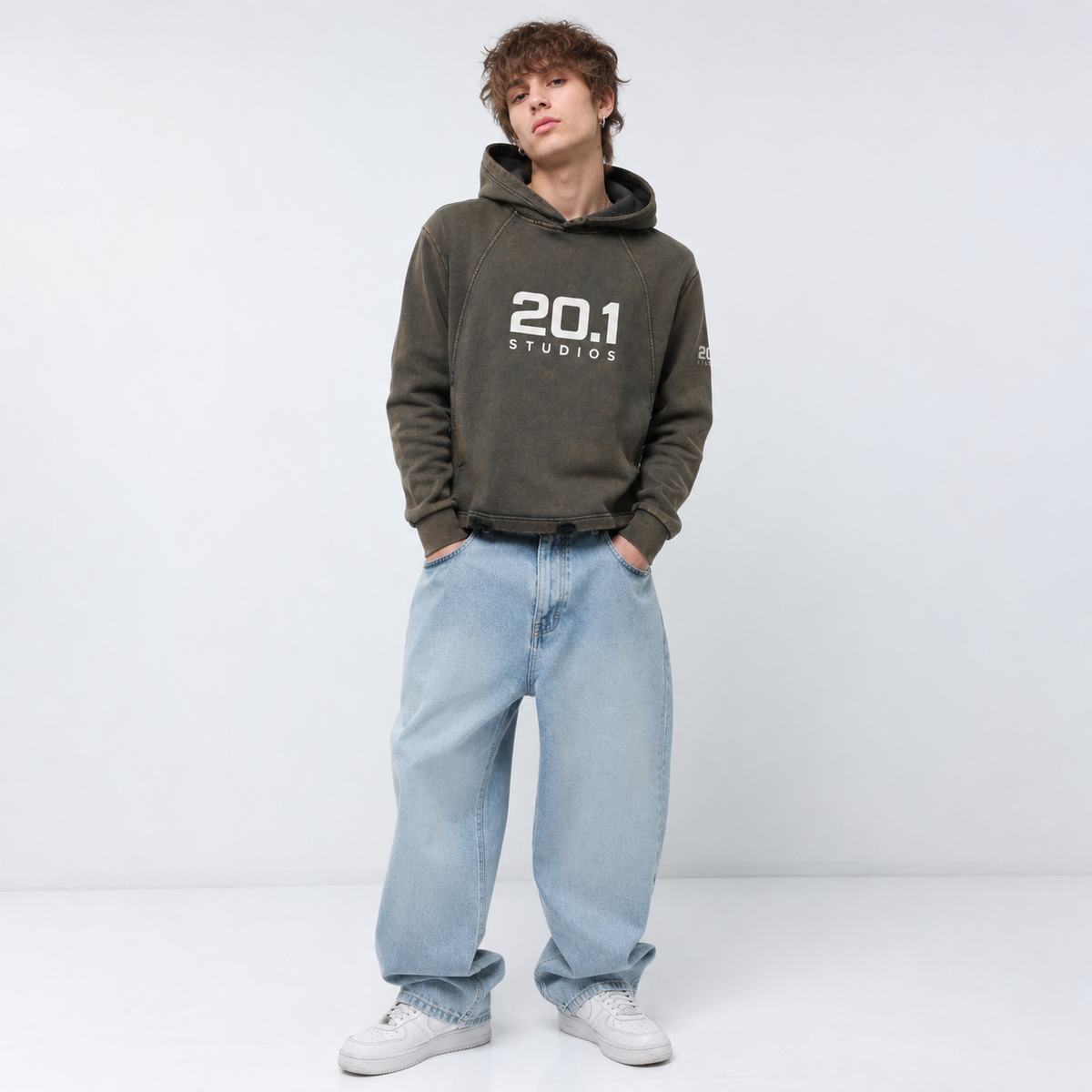 Vintage Washed Frayed-Hem Hoodie | Olive Gray