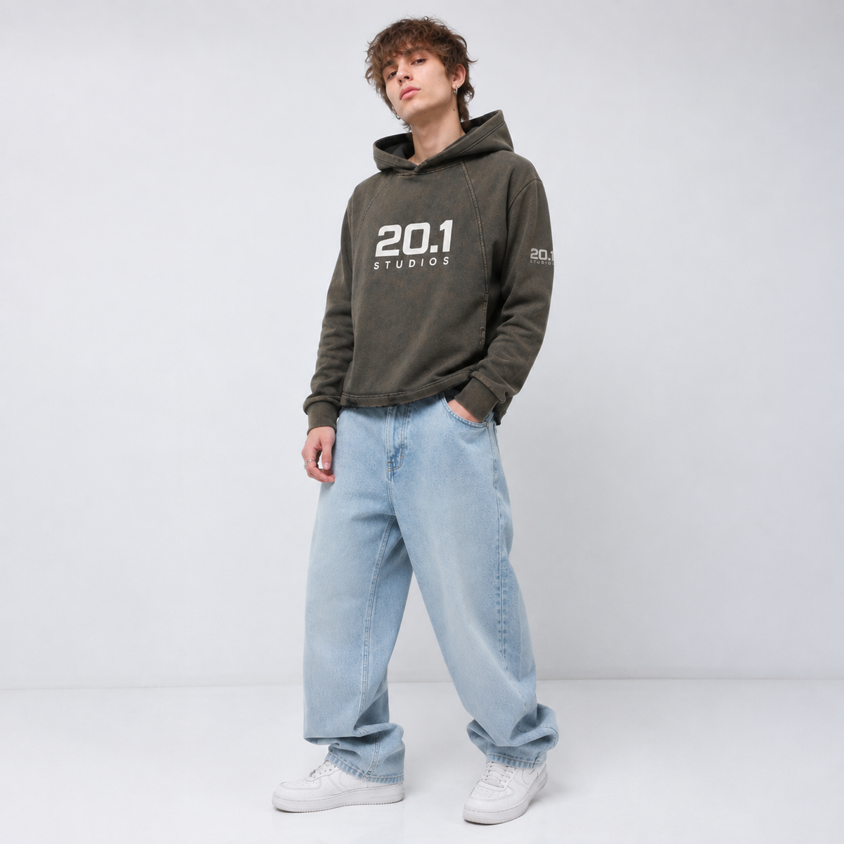 Vintage Washed Frayed-Hem Hoodie | Olive Gray