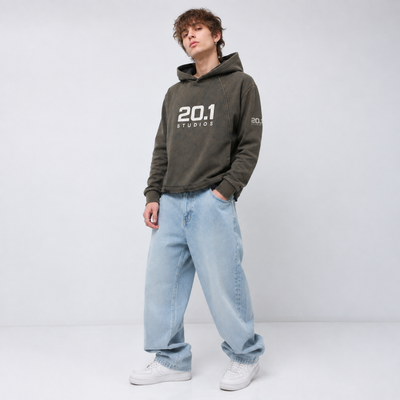 Vintage Washed Frayed-Hem Hoodie | Olive Gray
