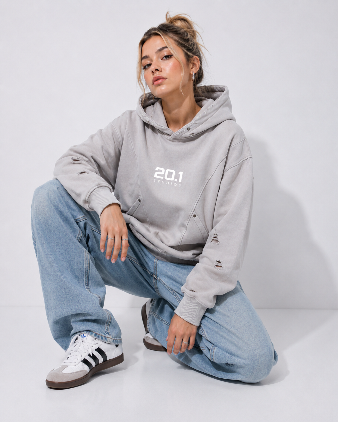 Snow Washed Distressed Panel Pocket Hoodie | Light Gray