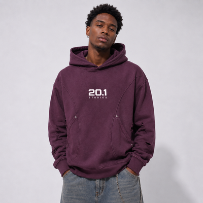 Snow Washed Distressed Panel Pocket Hoodie | Plum Purple