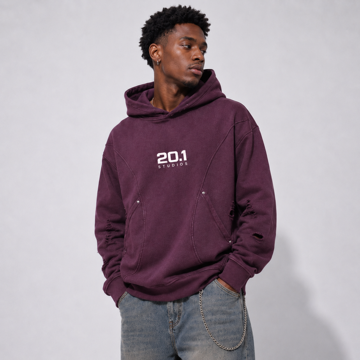 Snow Washed Distressed Panel Pocket Hoodie | Plum Purple