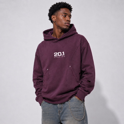 Snow Washed Distressed Panel Pocket Hoodie | Plum Purple