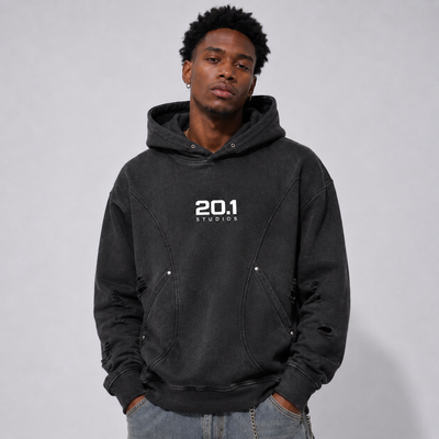 Snow Washed Distressed Panel Pocket Hoodie | Black