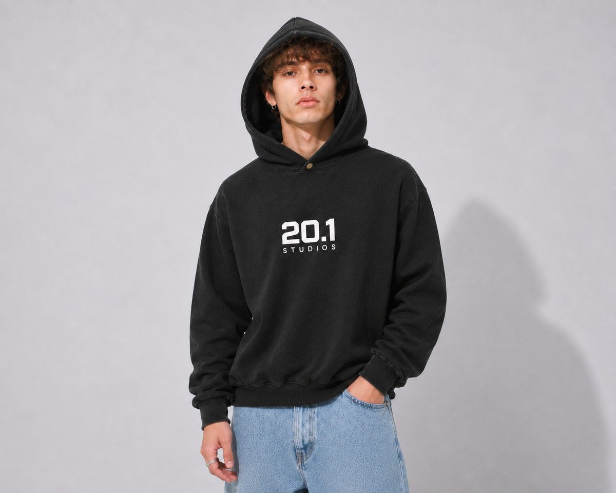 Frayed Enzyme Washed Fleece Hoodie | Black