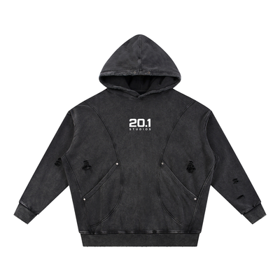 Snow Washed Distressed Panel Pocket Hoodie | Black