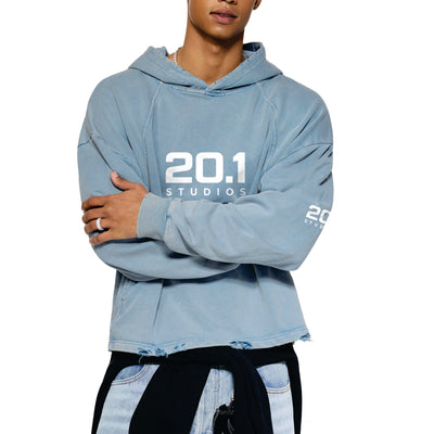 Vintage Washed Frayed-Hem Hoodie | Blue